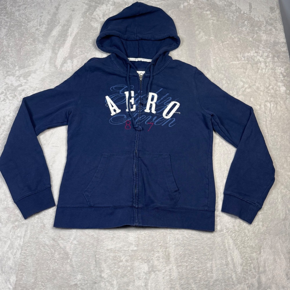 Aeropostale Womens Navy Blue Aero Eighty Seven Zip Up Hoodie Sweatshirt XL Y2K‎